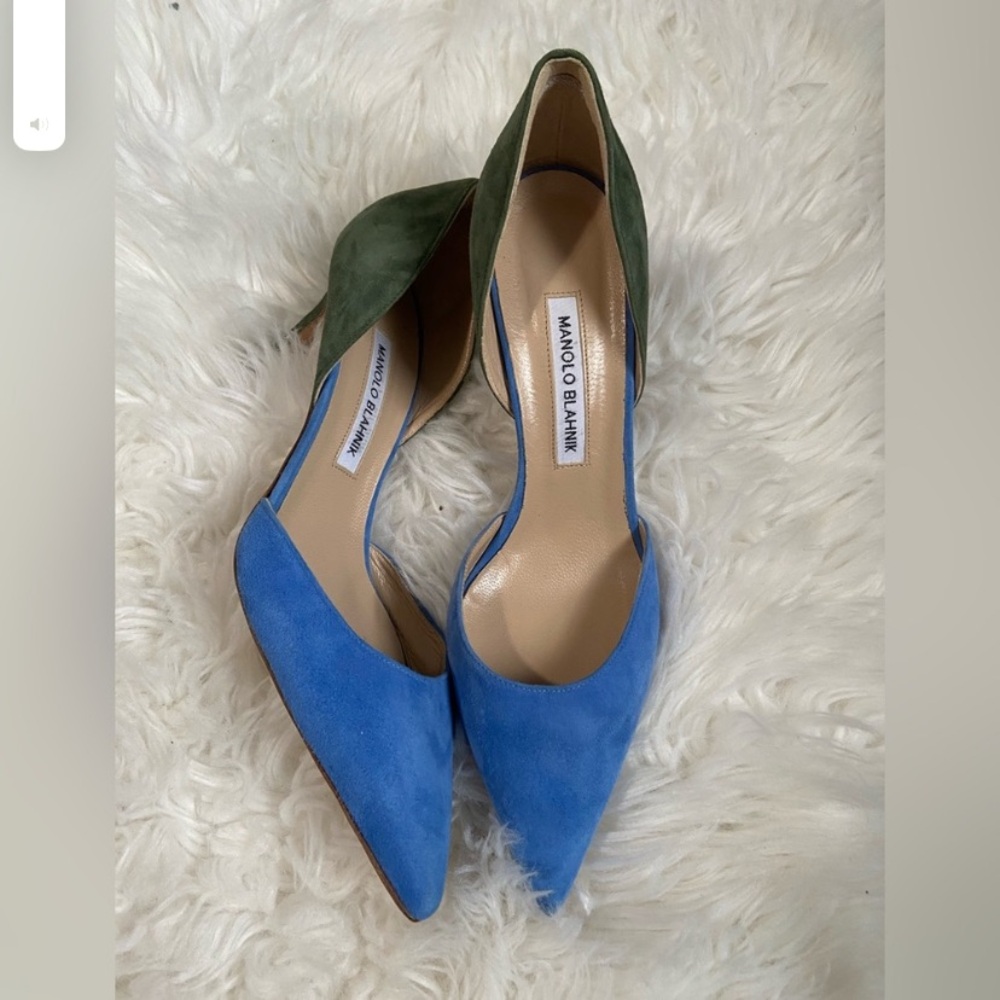 Manolo Blahnik Blue and Green Heels with Elegant d'Orsay Design